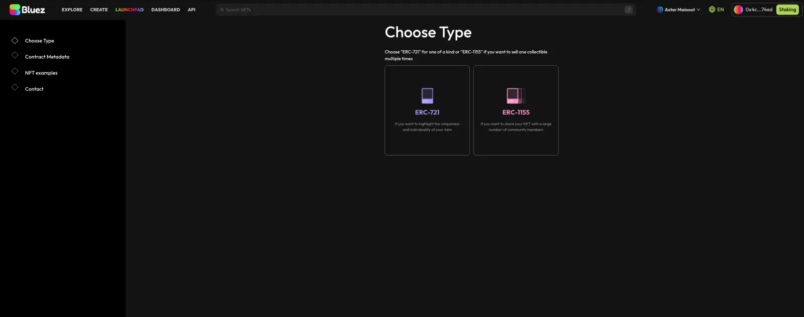 Bluez create flow: choosing between ERC-721 and ERC-1155