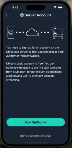 Obico server account sign-up screen on iPhone