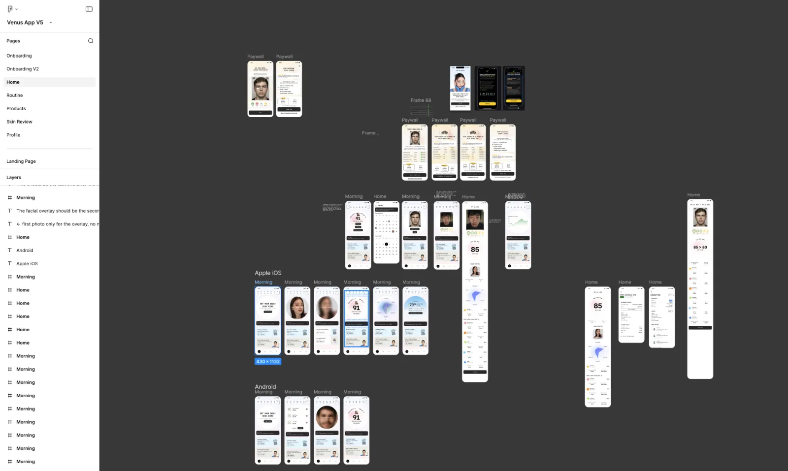 Figma board with the full set of Venus app screens