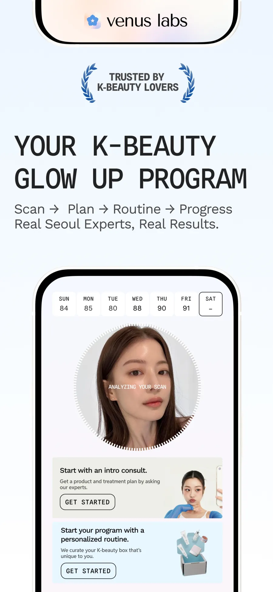 Venus App Store screen: your K-beauty glow up program — scan, plan, routine, progress