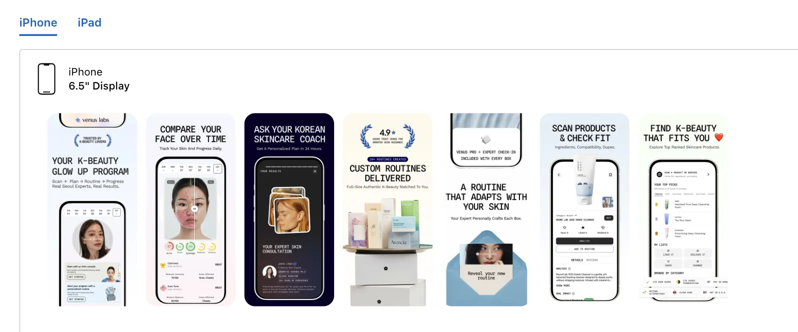 Venus App Store listing with the full set of iPhone screenshots