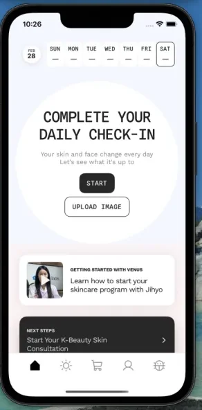 Venus home screen on iPhone: the daily skin check-in